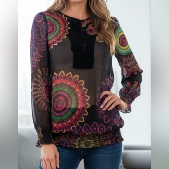 Desigual Black Vibrant Multicolor Sheer Long Sleeve Mandala Tunic Top Size Small - Picture 1 of 11